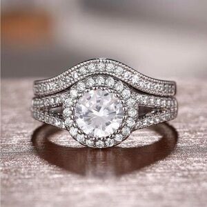 NWT-925 SS 2CT Halo Round Cut CZ Stacking Ring Diamond Wedding Band Set
